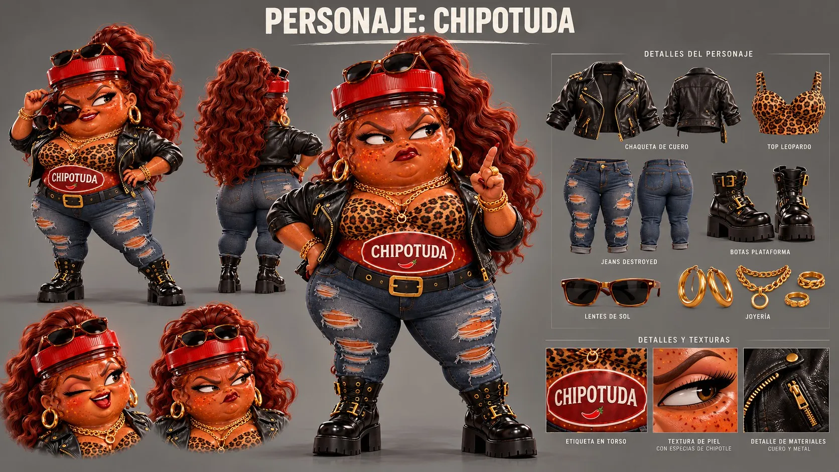Hoja de personaje de La Chipotuda: vistas, expresiones y vestuario