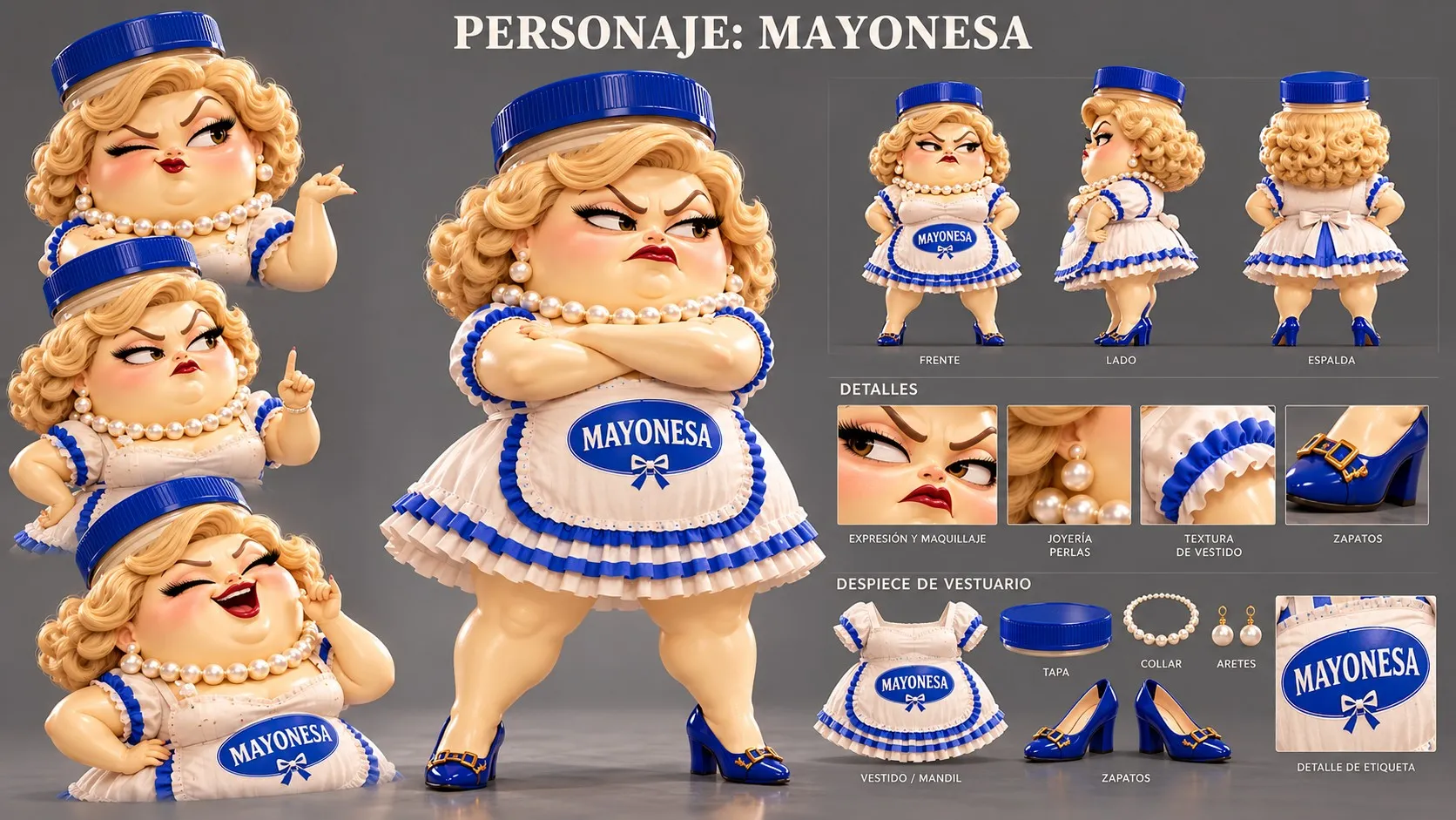 Hoja de personaje de Doña Mayo: vistas, expresiones y vestuario
