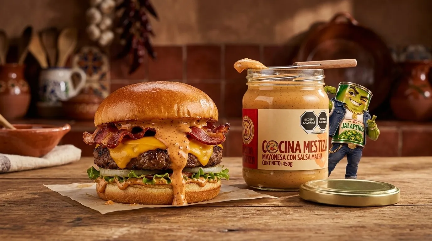 Hamburguesa de la reina con Mayonesa con Salsa Macha Cocina Mestiza