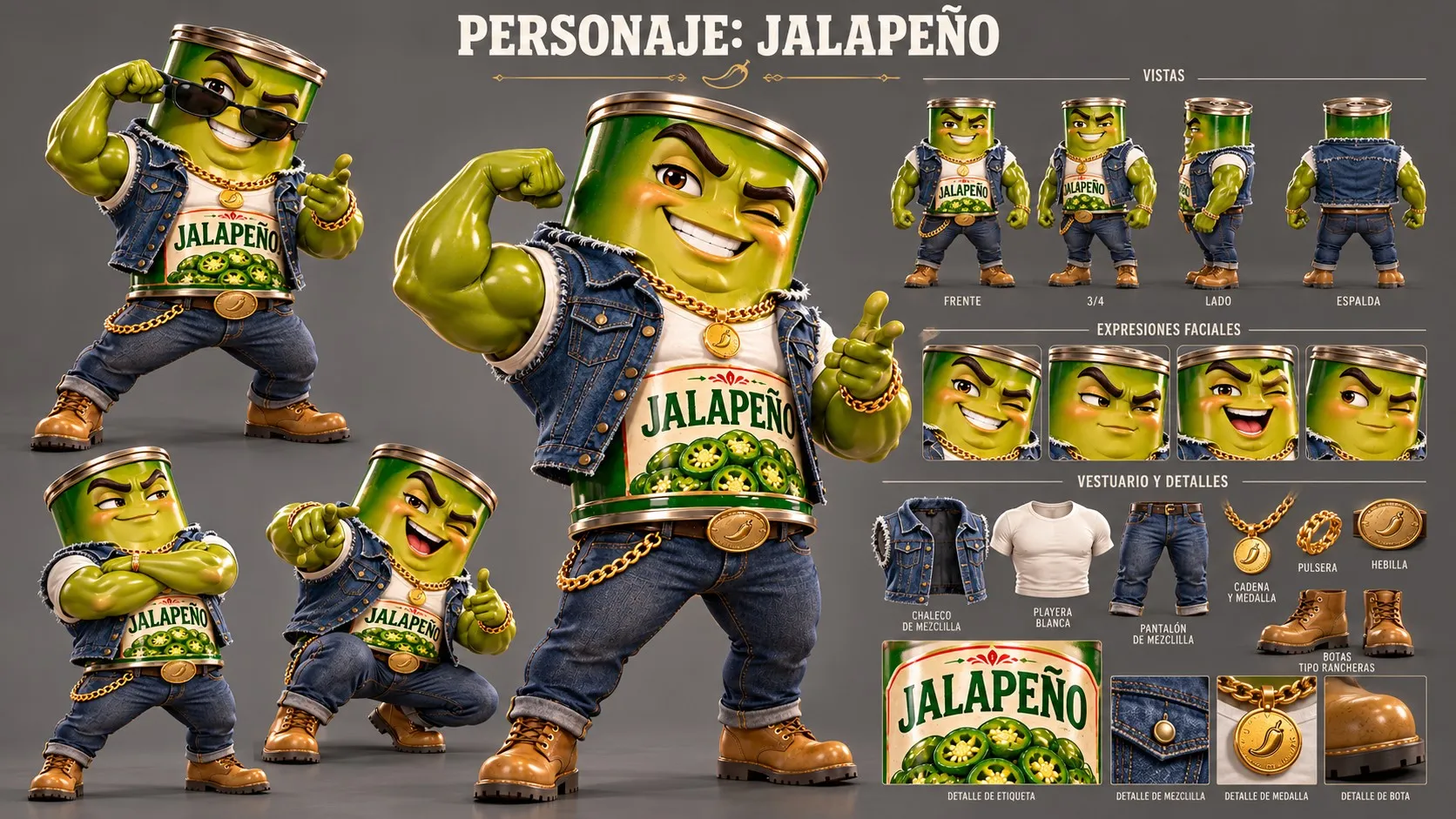 Hoja de personaje de Don Jalapeño: vistas, expresiones y vestuario