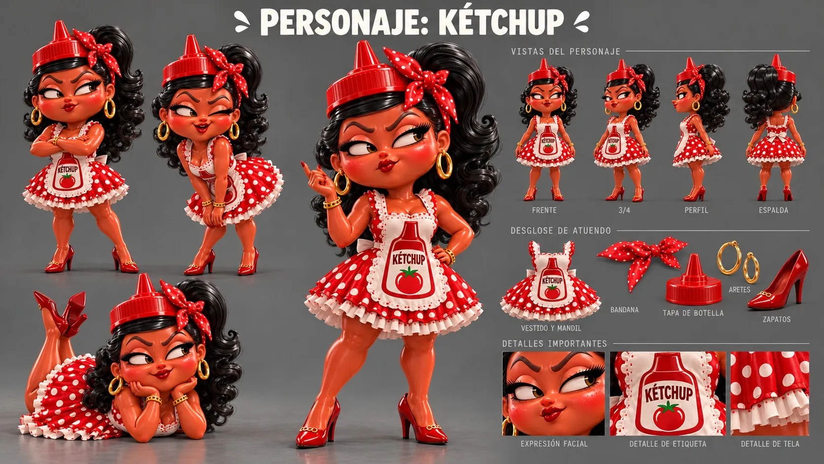 Hoja de personaje de La Kétchup: vistas, expresiones y vestuario