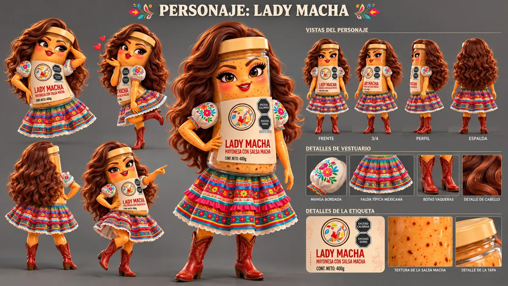 Hoja de personaje de Lady Macha: vistas, expresiones y vestuario